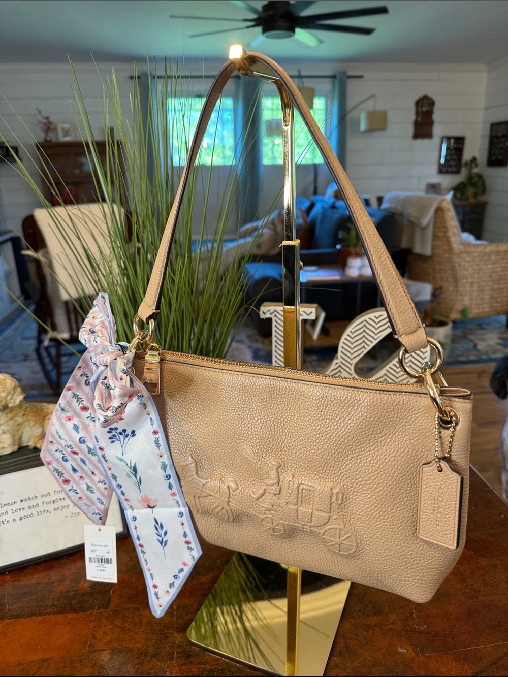 Coach Pebble Leather Shoulder Bag in Light Tan with Floral Scarf - Picture 1 of 15
